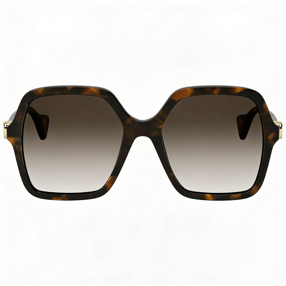 Gucci Gg1072s-002 Women's Square Shiny Dark Brown Havana Plastic Sunglasses with Gradient Brown Lenses 56mm