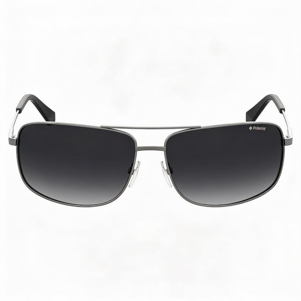 Polaroid Men's Rectangular Polarized UV Stainless Steel Sunglasses, Semi Matte Ruthenium Frame, Gray Lens, 63-14-130mm