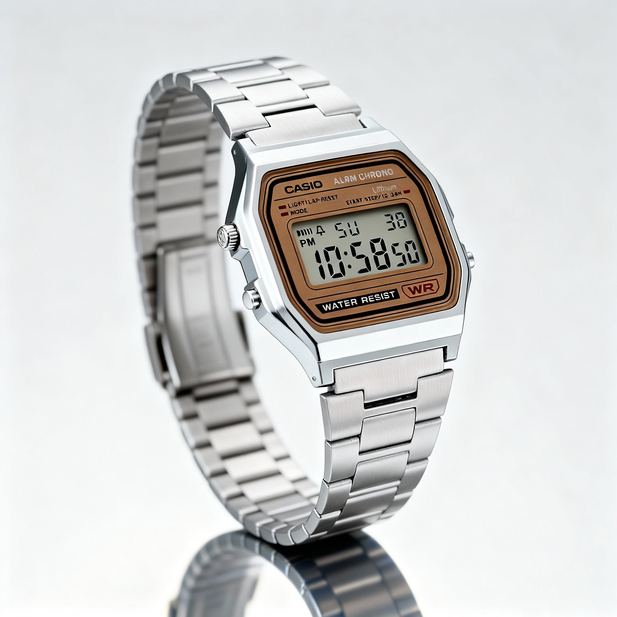 Casio A158WEA-9CF Men's Silver Gold Stainless Steel Digital Watch, Chronograph, Alarm, Water-Resistant, Photo 1