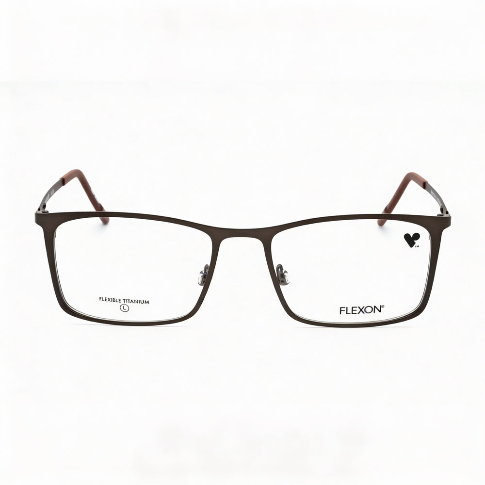 Monturas de gafas Flexon Optical para hombre, aptas para prescripción médica, con lentes transparentes de demostración, color sepia metalizado mate.