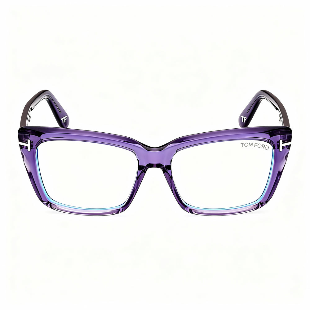 Montura de acetato Tom Ford para mujer, diseño ojo de gato, con logo T, transparente, violeta, 54 mm