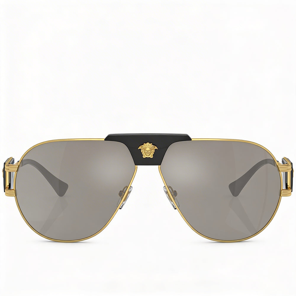 Gafas de sol Versace Unisex Contemporáneas de Montura Metálica Oro Negro Espejo Gris Claro No Polarizadas con Protección UV 63mm
