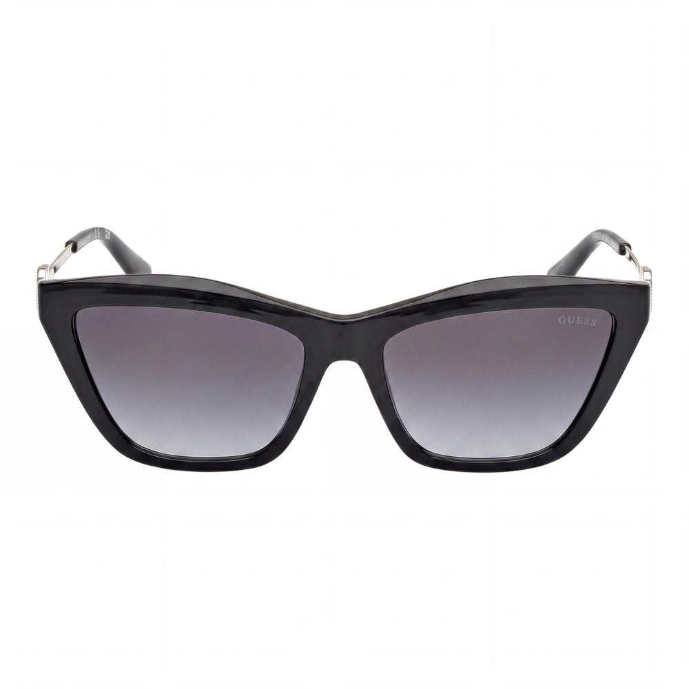 GUESS GU00199 Gafas de sol de plástico tipo cat-eye para mujer, con montura negra brillante y lentes de efecto degradado en tono ahumado, 56 mm