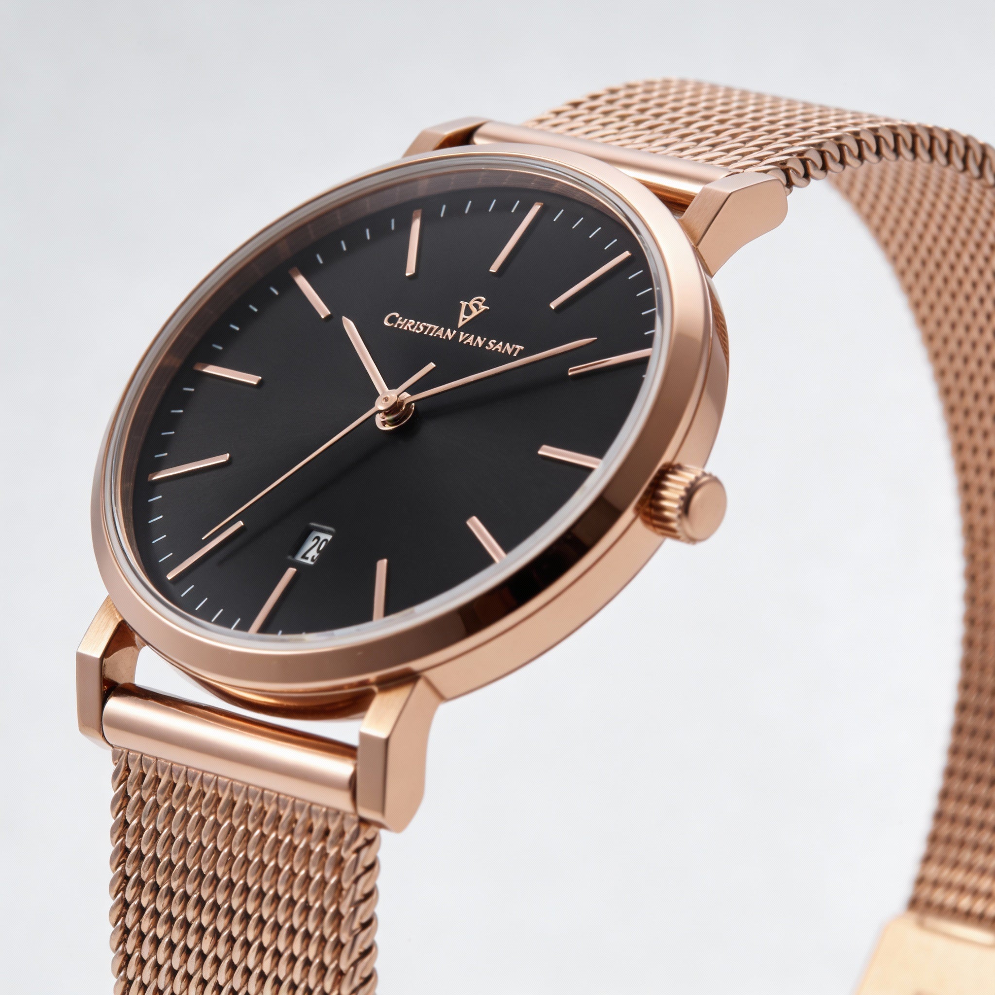 Reloj analógico Christian Van Sant para mujer, con movimiento de cuarzo, acero inoxidable en oro rosa, esfera negra y resistente al agua., Photo 2