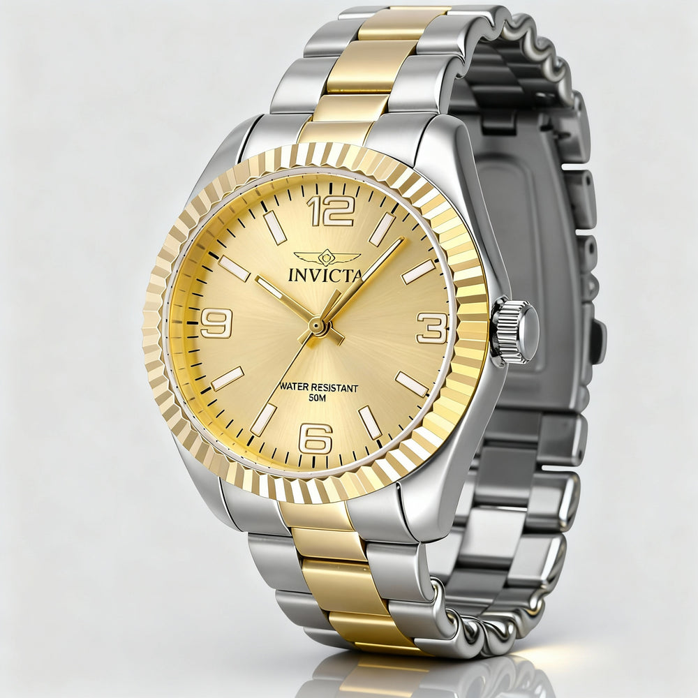 Reloj unisex moderno Invicta 47472 de cuarzo plateado y acero inoxidable, esfera dorada, resistente al agua hasta 5 ATM, 36 mm