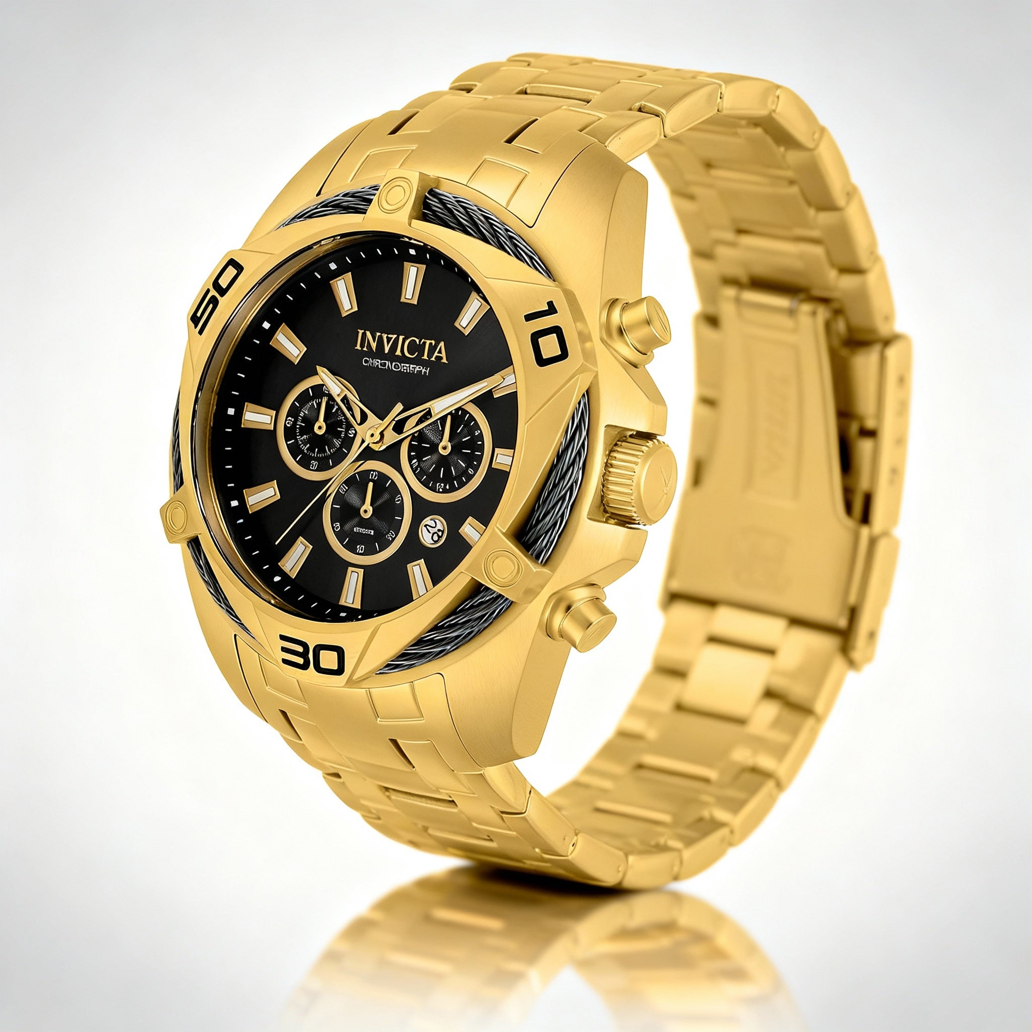 Invicta Bolt 34122 Men's Gold-Tone Stainless Steel Quartz Chronograph Watch with Grey Dial and Flame Fusion Crystal 50mm Case