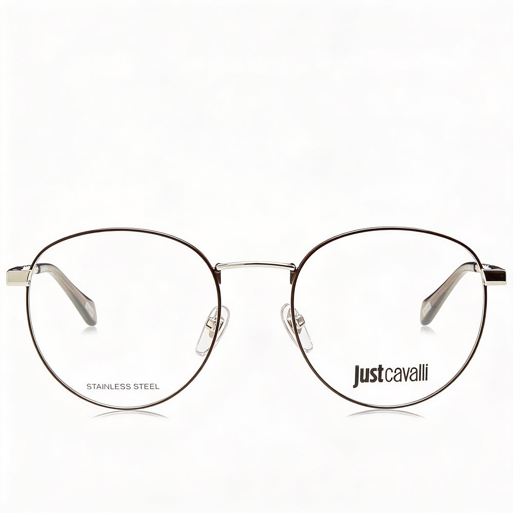 Gafas Just Cavalli clásicas para mujer con montura en paladio brillante y partes marrones, lentes de policarbonato marrones