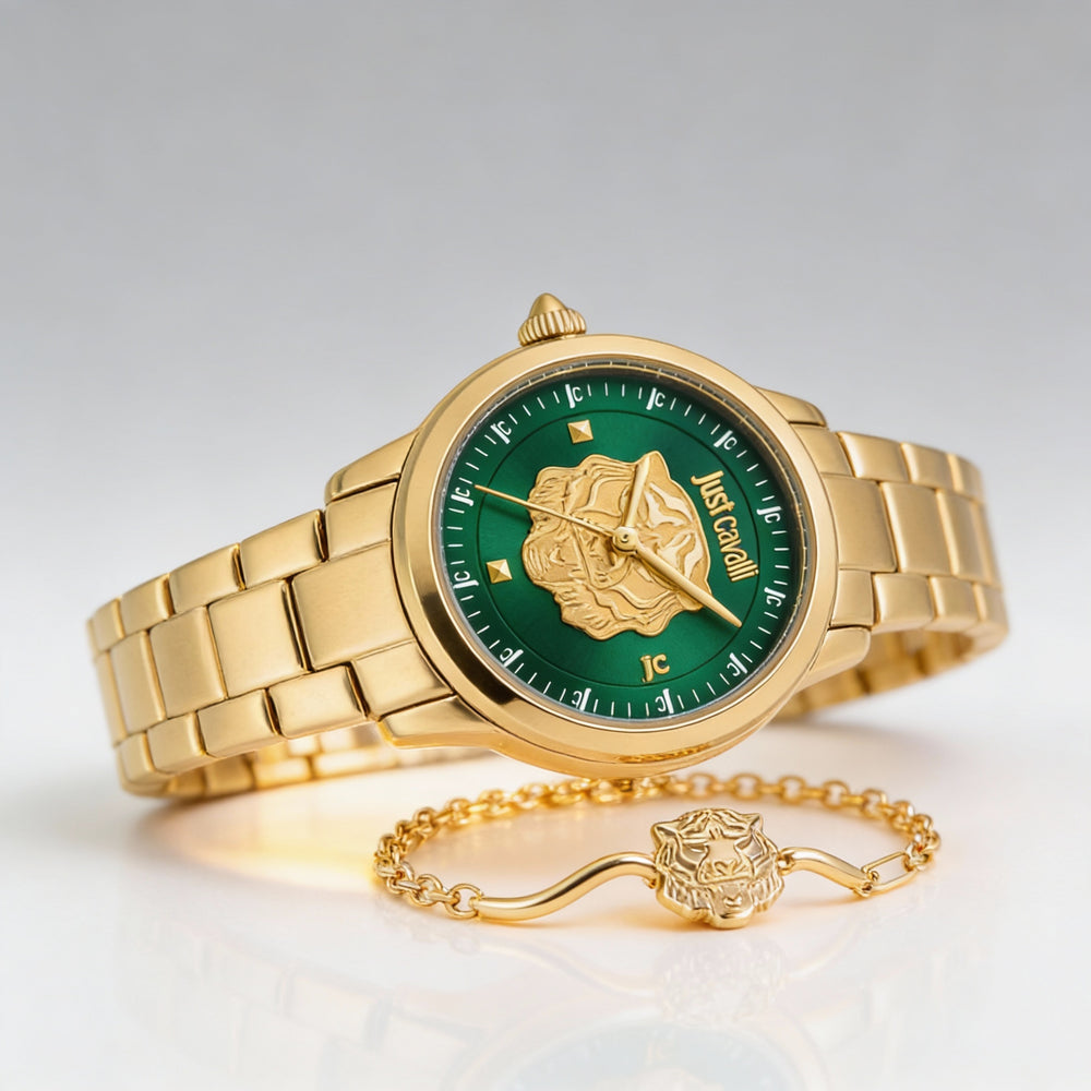 Just Cavalli bracelet Women's Quartz Watch Set, Bottle Green Dial, Yellow Gold Stainless Steel 30mm