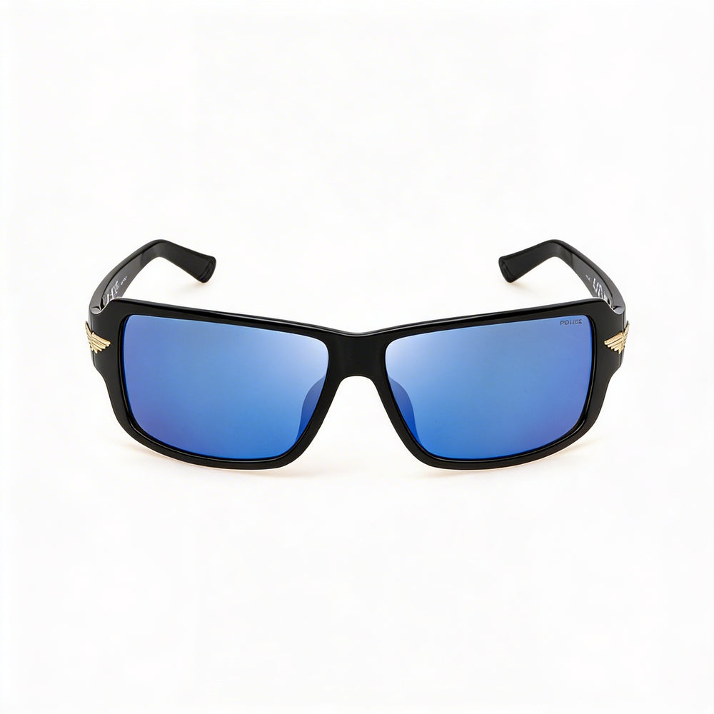 Gafas de sol Police Casual para hombre, sin polarizar, en negro brillante, con lentes azul ahumado espejado, 65 mm