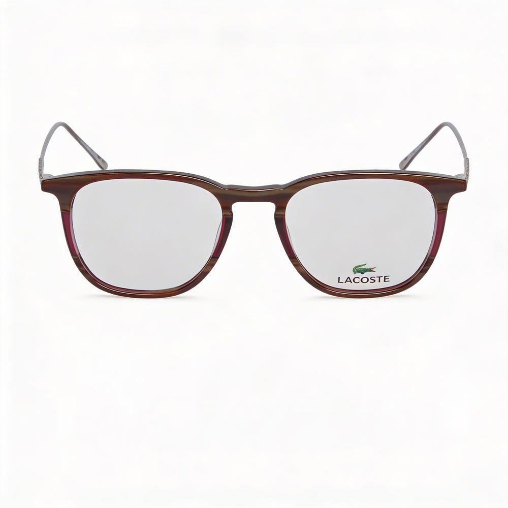 Gafas Lacoste L2828 unisex de acetato con montura a rayas en burdeos y gris, y lentes transparentes 50-19-145