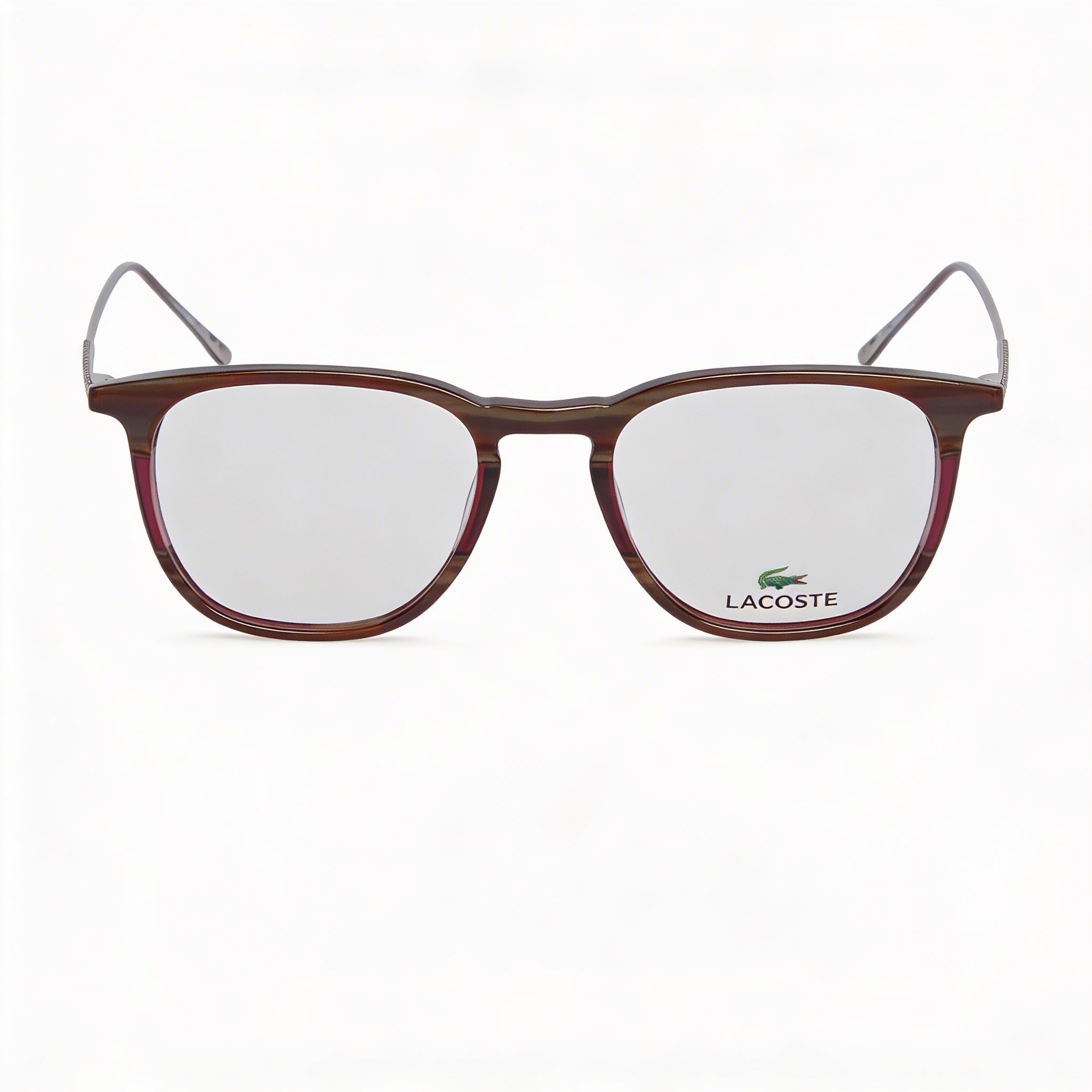 Gafas Lacoste L2828 unisex de acetato con montura a rayas en burdeos y gris, y lentes transparentes 50-19-145, Photo 2