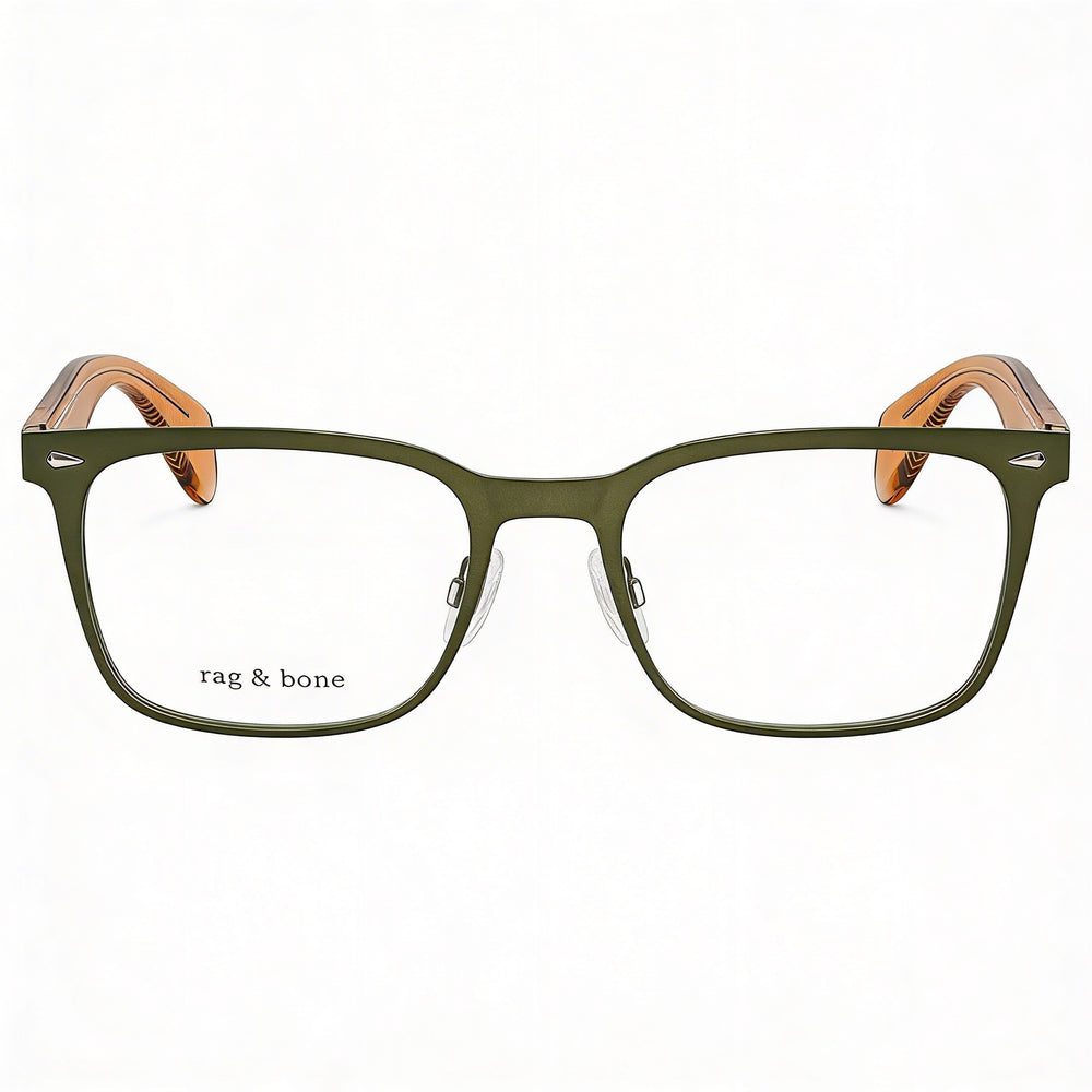 Armazones de metal para gafas de receta Rag & Bone Rnb 7002 para hombres, color café oliva oscuro, con lentes de 54 mm, puente de 19 mm, patillas de 145 mm