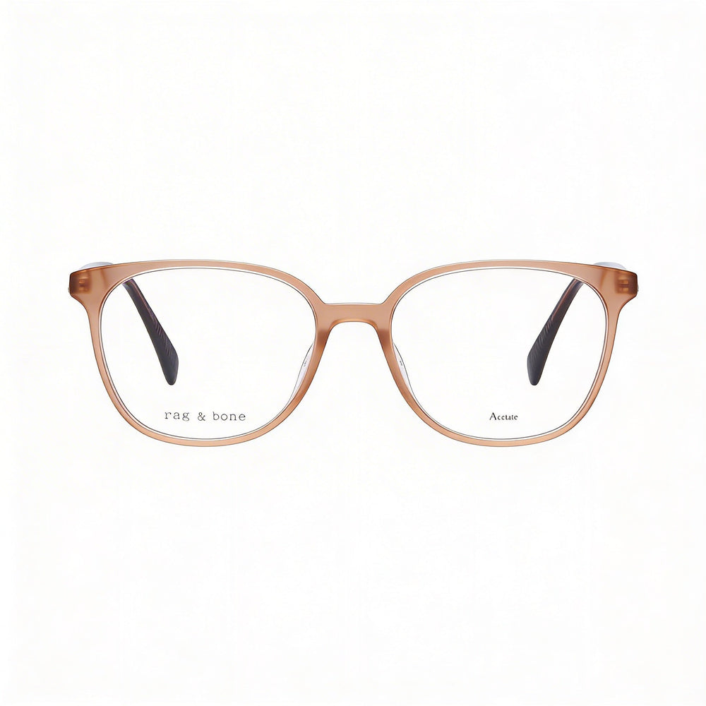 Gafas modernas para mujer Rag & Bone con montura de acetato marrón y lentes de policarbonato de 52 mm de ancho.