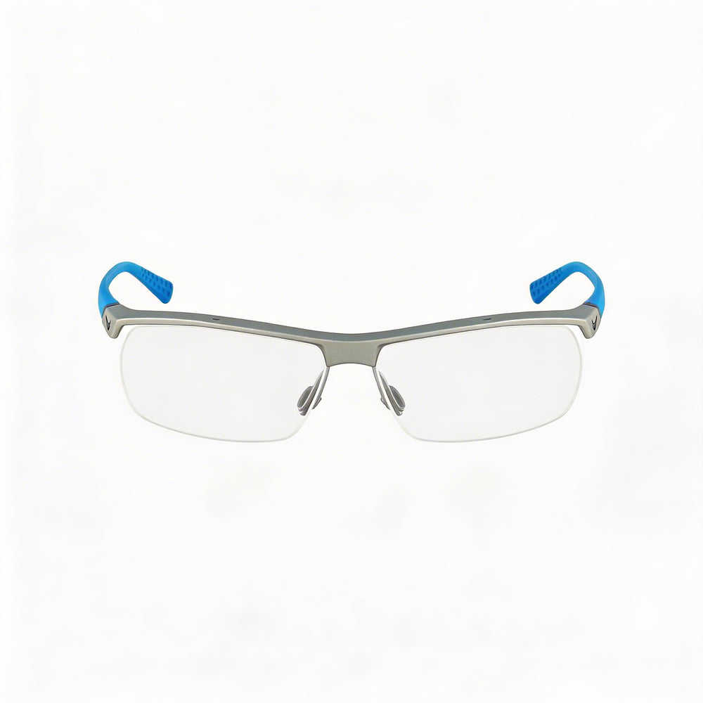 Nike 7071/2 Gafas sin montura de plástico plateado mate y azul claro para hombre con lentes de demostración transparentes de 57 mm