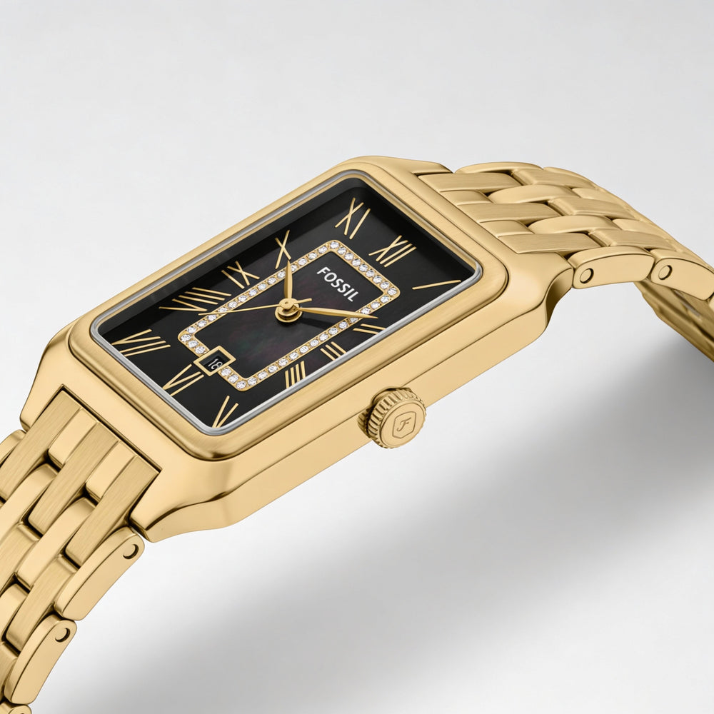 Reloj Fossil para mujer, de acero inoxidable dorado, de cuarzo, con números romanos y fecha, de 26 mm.