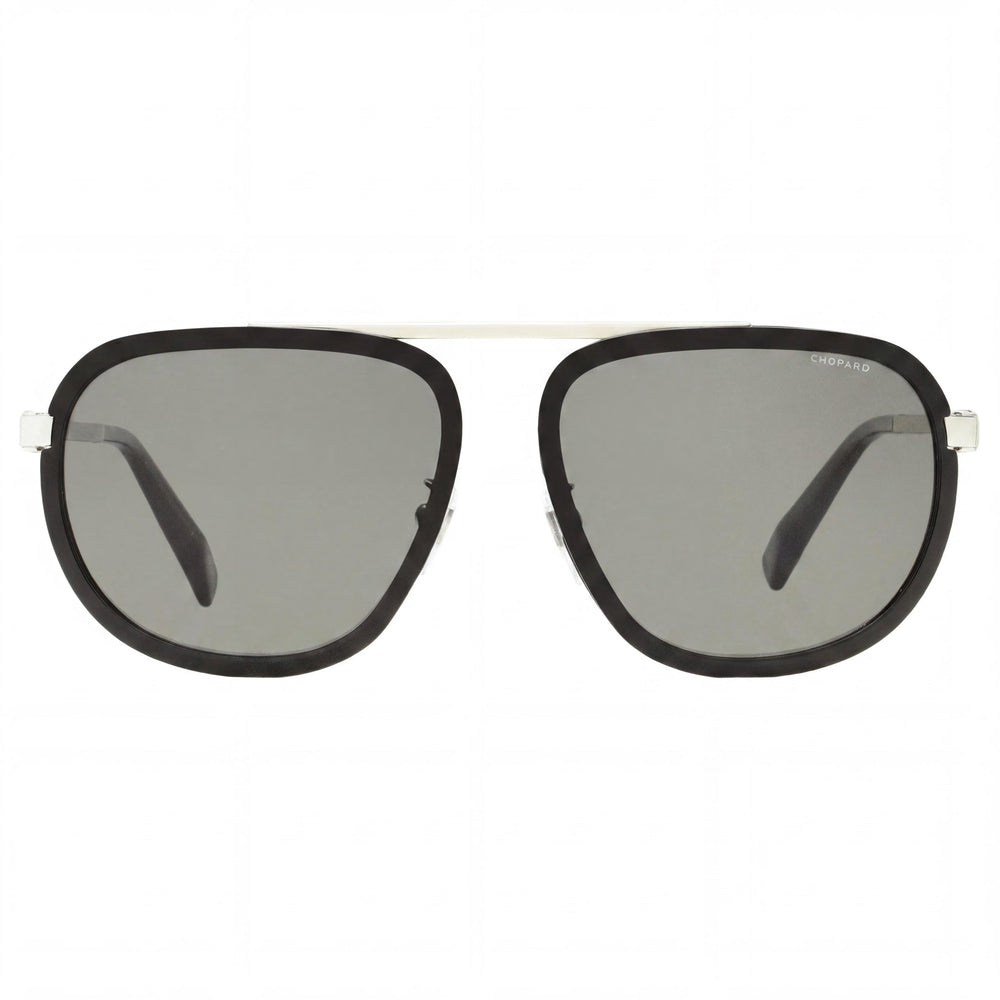 Gafas de sol Chopard para mujer con montura metálica gris plateada, lentes de acetato polarizadas y protección UV.
