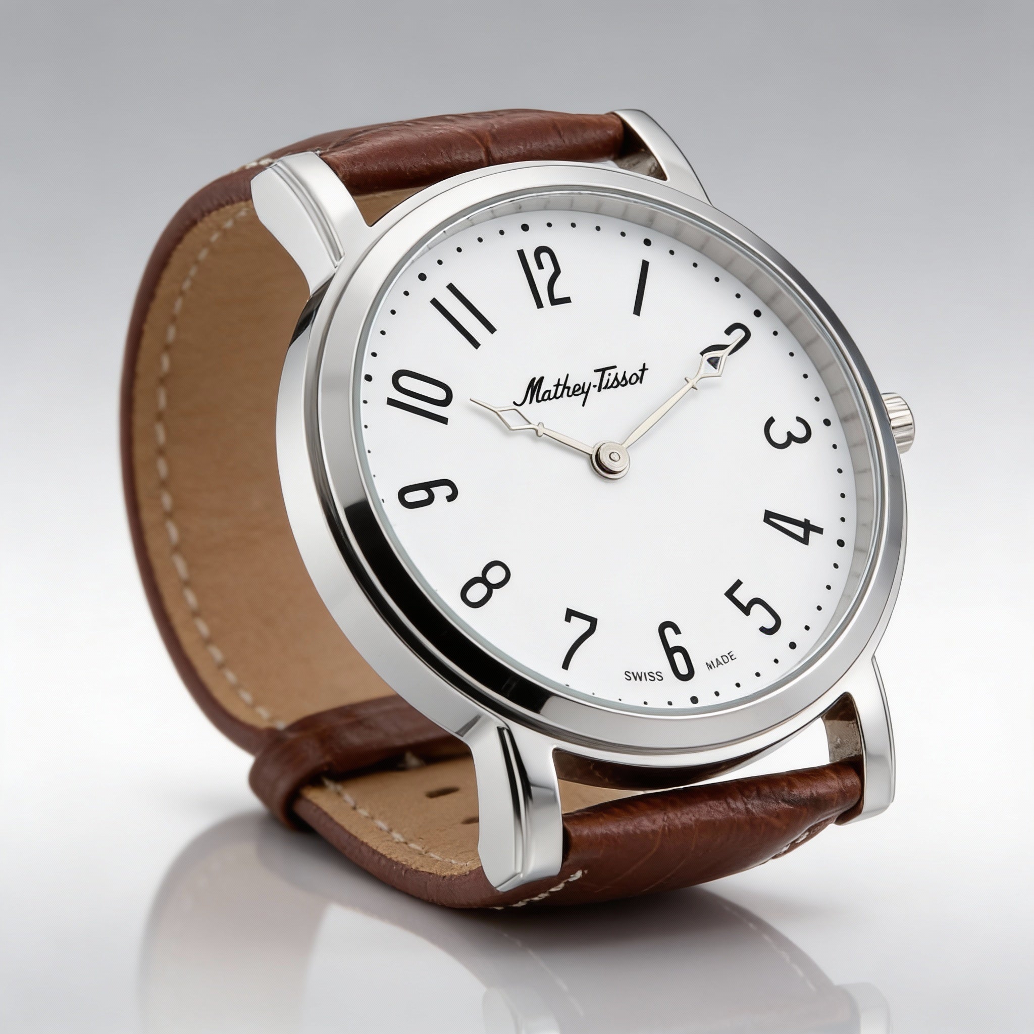 Mathey-Tissot Quartz Movement Men's White Dial Round Stainless Steel Leather Water Resistant Watch, Photo 2