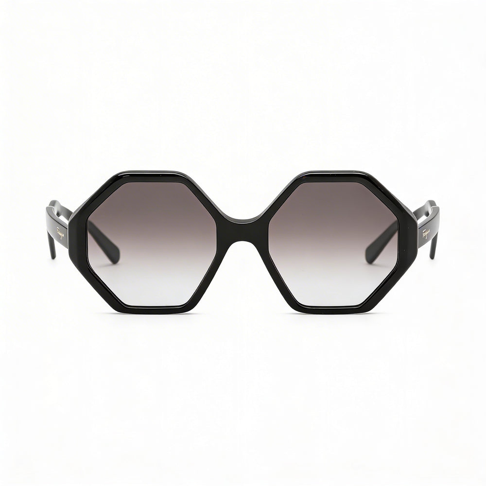 Gafas de sol Salvatore Ferragamo SF1070S para mujer, de acetato negro, con montura hexagonal en gris degradado y protección UV 100 %, 55 mm