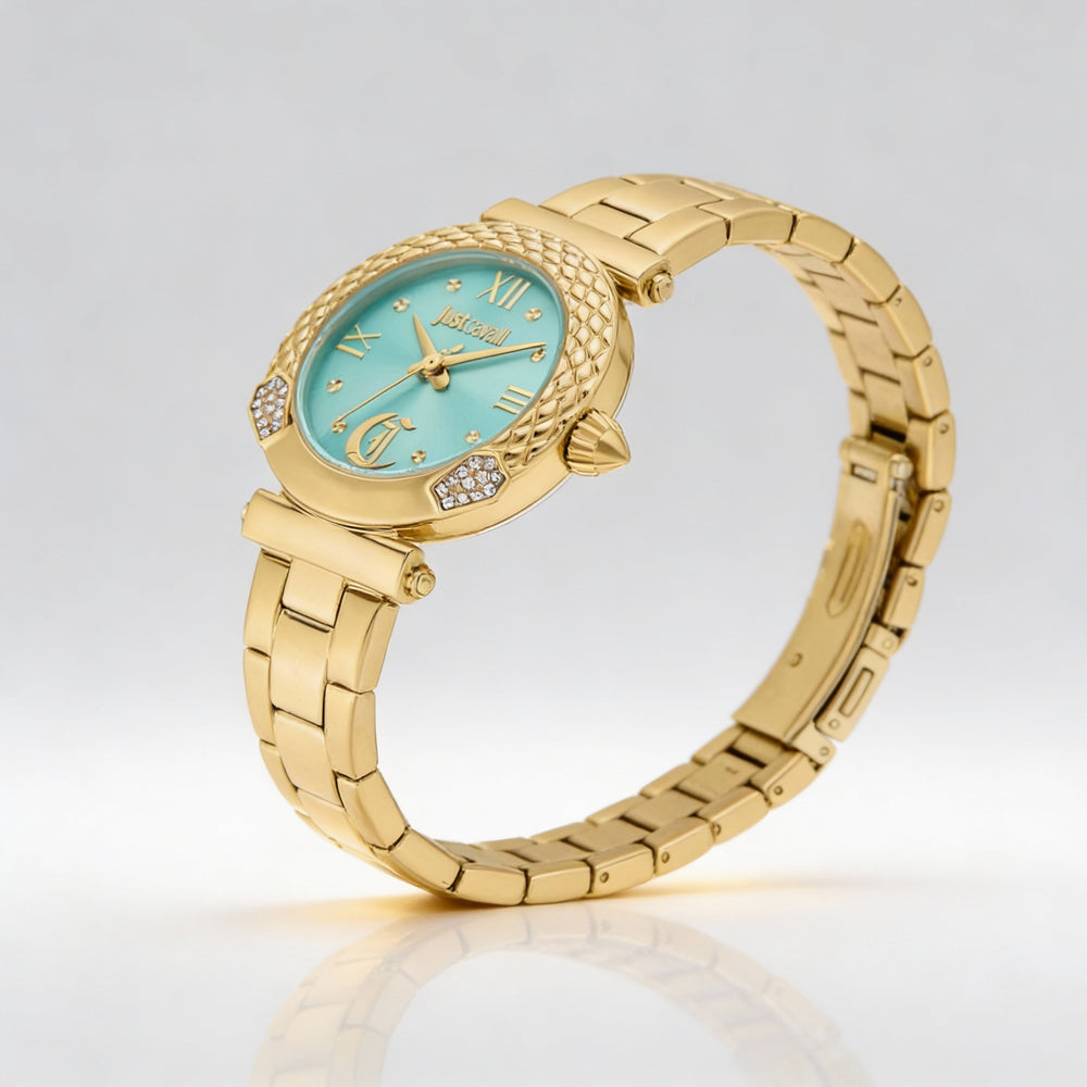 Just Cavalli Fashion Women's Yellow Gold Stainless Steel Watch, Turquoise Dial, Water Resistant, 30mm