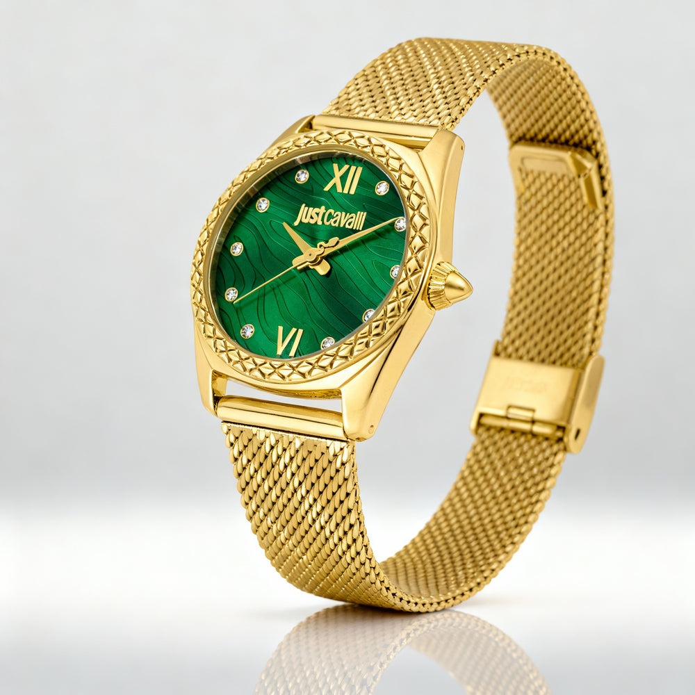 Reloj de cuarzo Just Cavalli Animalier para mujer, de acero inoxidable y oro amarillo de 30 mm, esfera verde botella y números arábigos.
