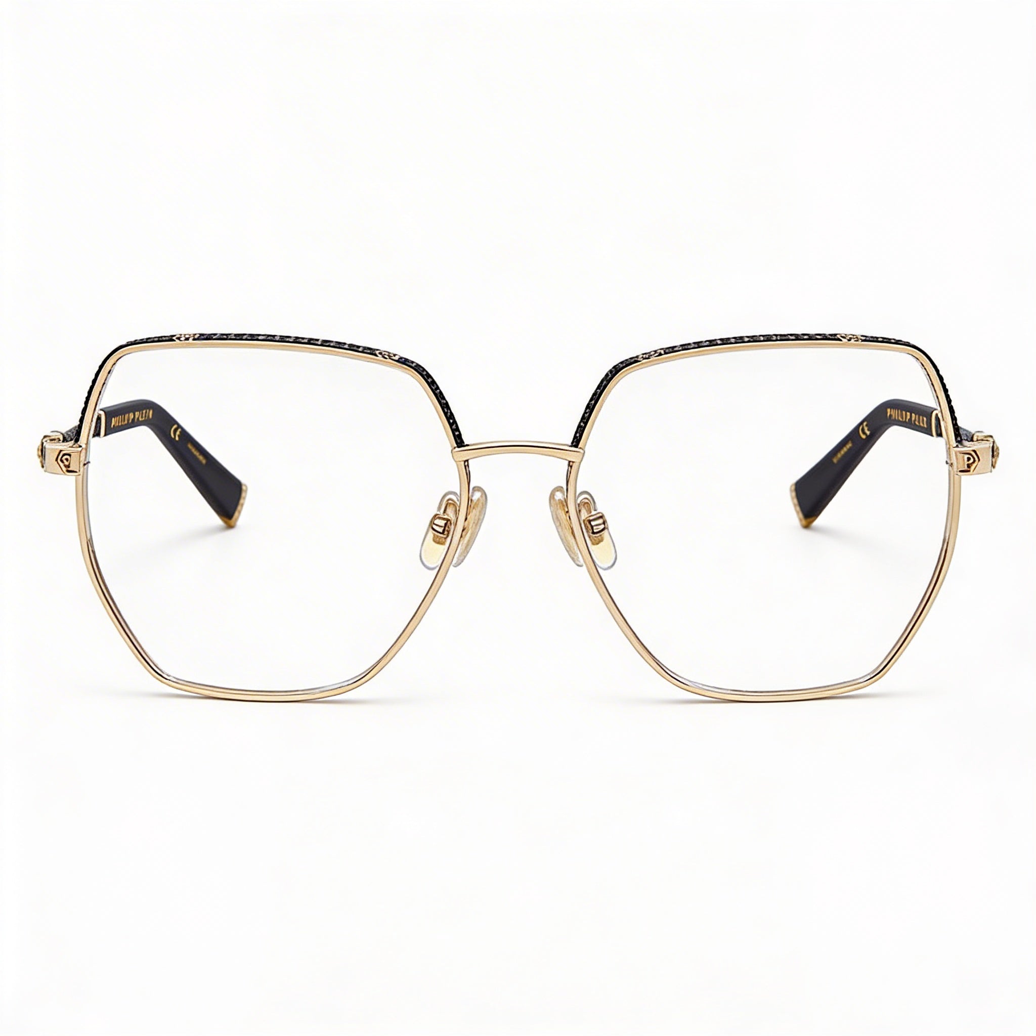 Gafas Philipp Plein Vpp054s para hombre con montura completa irregular, montura de metal y lentes de acetato, color oro rosa y negro, 57 mm, Photo 2
