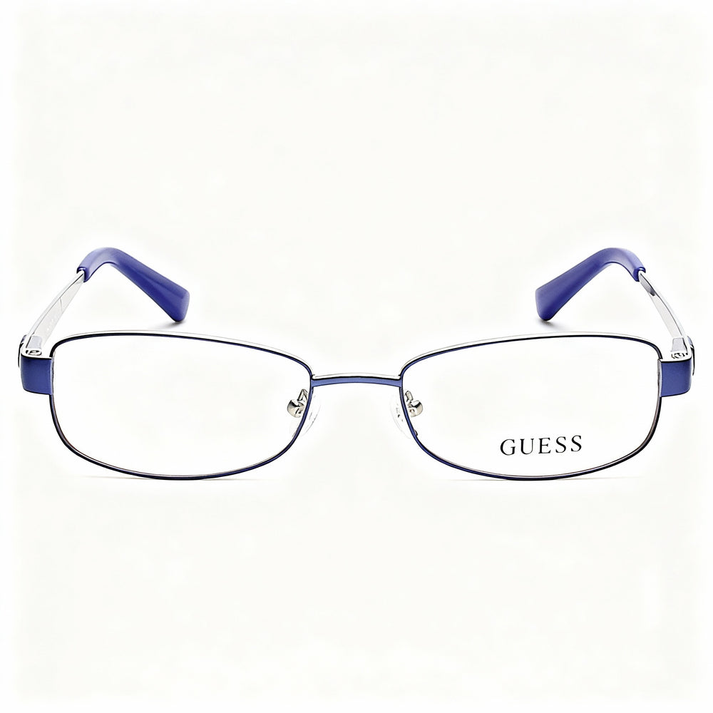 Gafas unisex GUESS GU2569 C53 de metal azul con lentes de 53 mm, puente de 17 mm y patillas de 135 mm.
