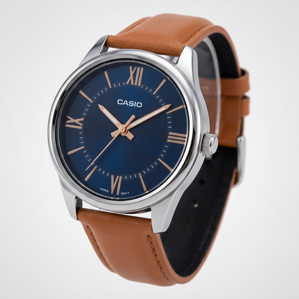 Casio MTP-V005L-2B5 Reloj de Cuarzo para Hombre con Correa de Cuero, Caja de Acero Inoxidable, Esfera Azul, Resistente al Agua y a los Golpes, 40 mm