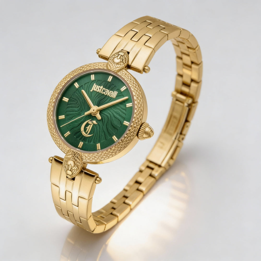 Just Cavalli Fashion Women's Yellow Gold Stainless Steel Bottle Green Dial Quartz Waterproof 28mm Watch