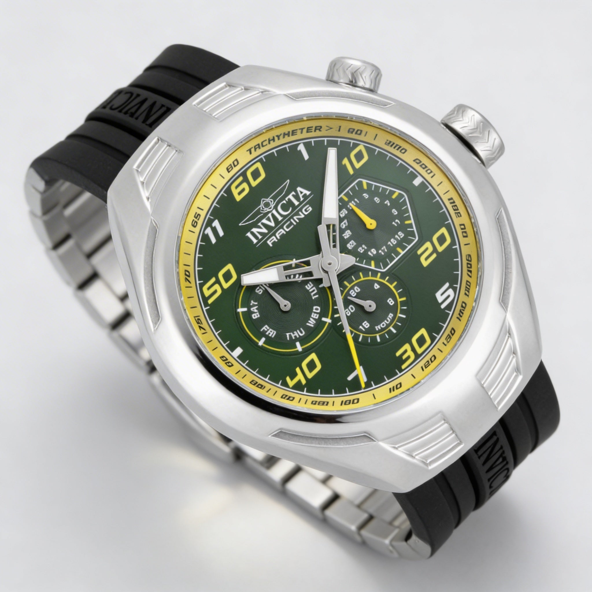 Invicta Racing 47728 Unisex Chronograph Quartz 46mm Silver Stainless Steel Green Dial Silicone Strap Watch, Photo 2