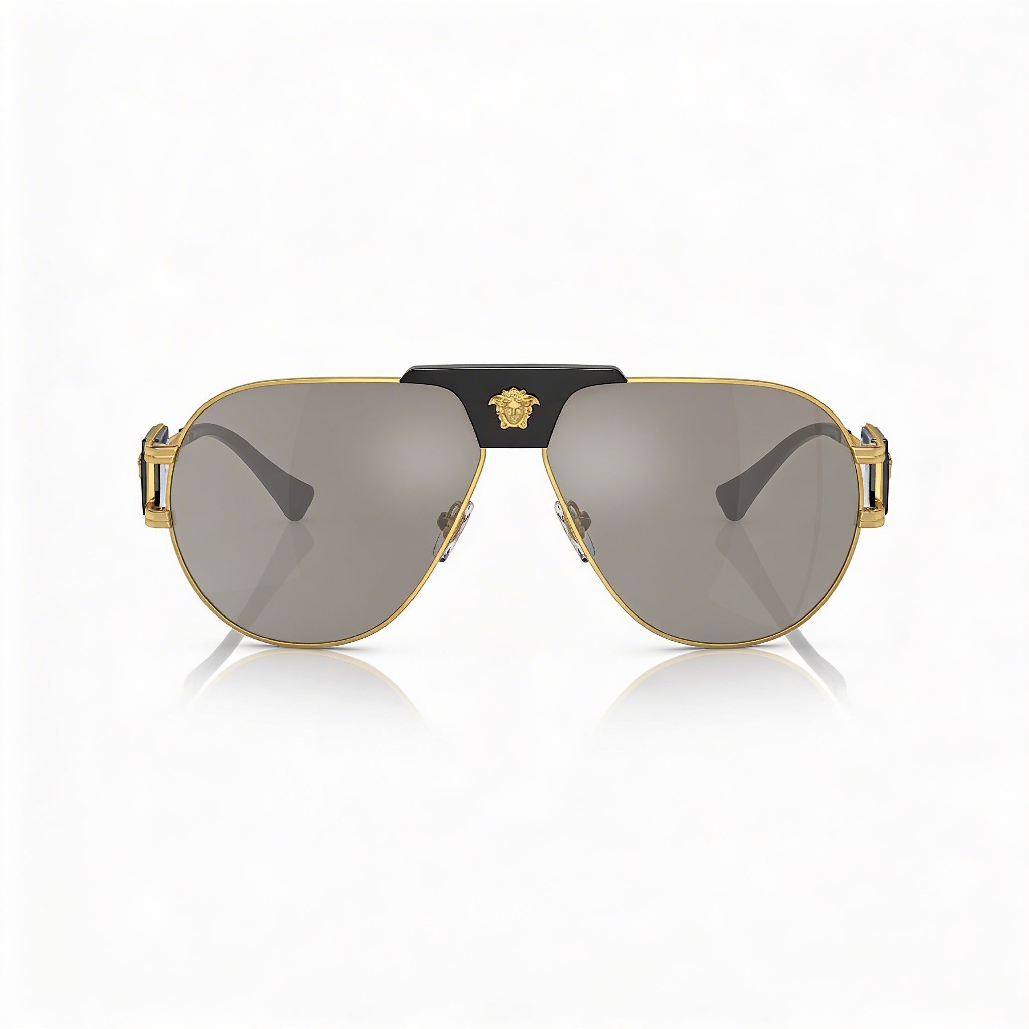 Versace Contemporary Unisex Metal Frame Sunglasses Gold Black with Light Grey Mirror Silver Lenses 63mm UV Protection, Photo 2