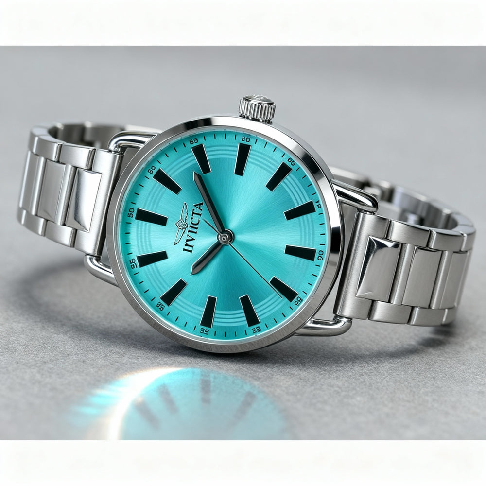 Reloj de cuarzo unisex Invicta Wildflower 47321 con caja de acero inoxidable de 38 mm, esfera azul y pulsera plateada.