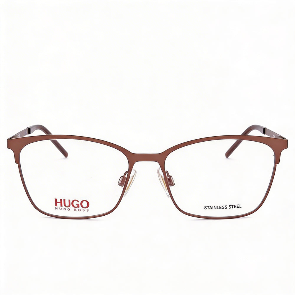 Gafas Hugo Boss de mujer efecto ojo de gato de acero aleado marrón mate, ancho de lente 54 mm, ancho de puente 16 mm, largo de patilla 145 mm