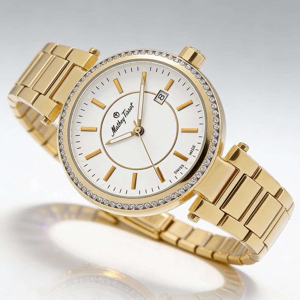Reloj MATTHEY-TISSOT para mujer con movimiento de cuarzo, caja y pulsera de acero inoxidable, esfera blanca, resistente al agua