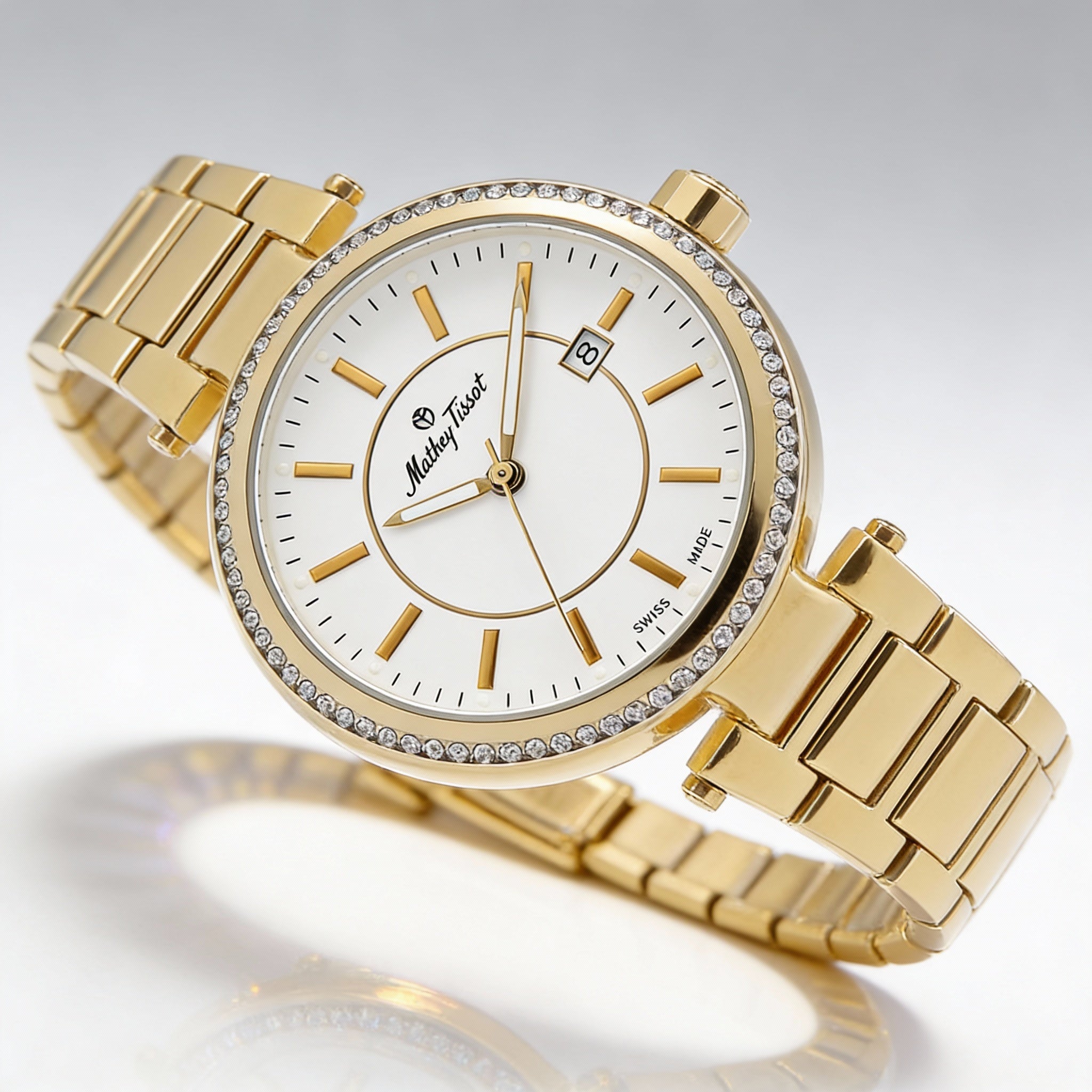 Reloj MATTHEY-TISSOT para mujer con movimiento de cuarzo, caja y pulsera de acero inoxidable, esfera blanca, resistente al agua, Photo 2