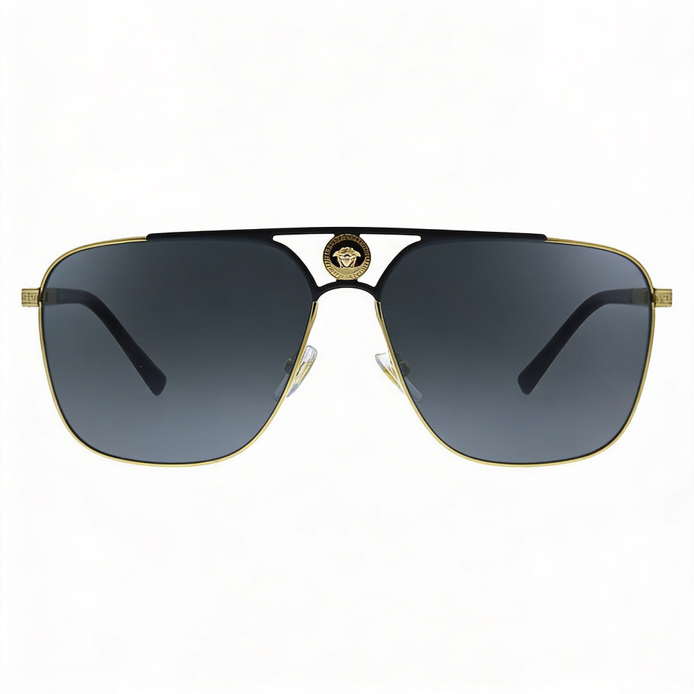 Gafas de sol rectangulares Versace unisex de acetato negro mate dorado, lentes grises con protección UV, 61 mm