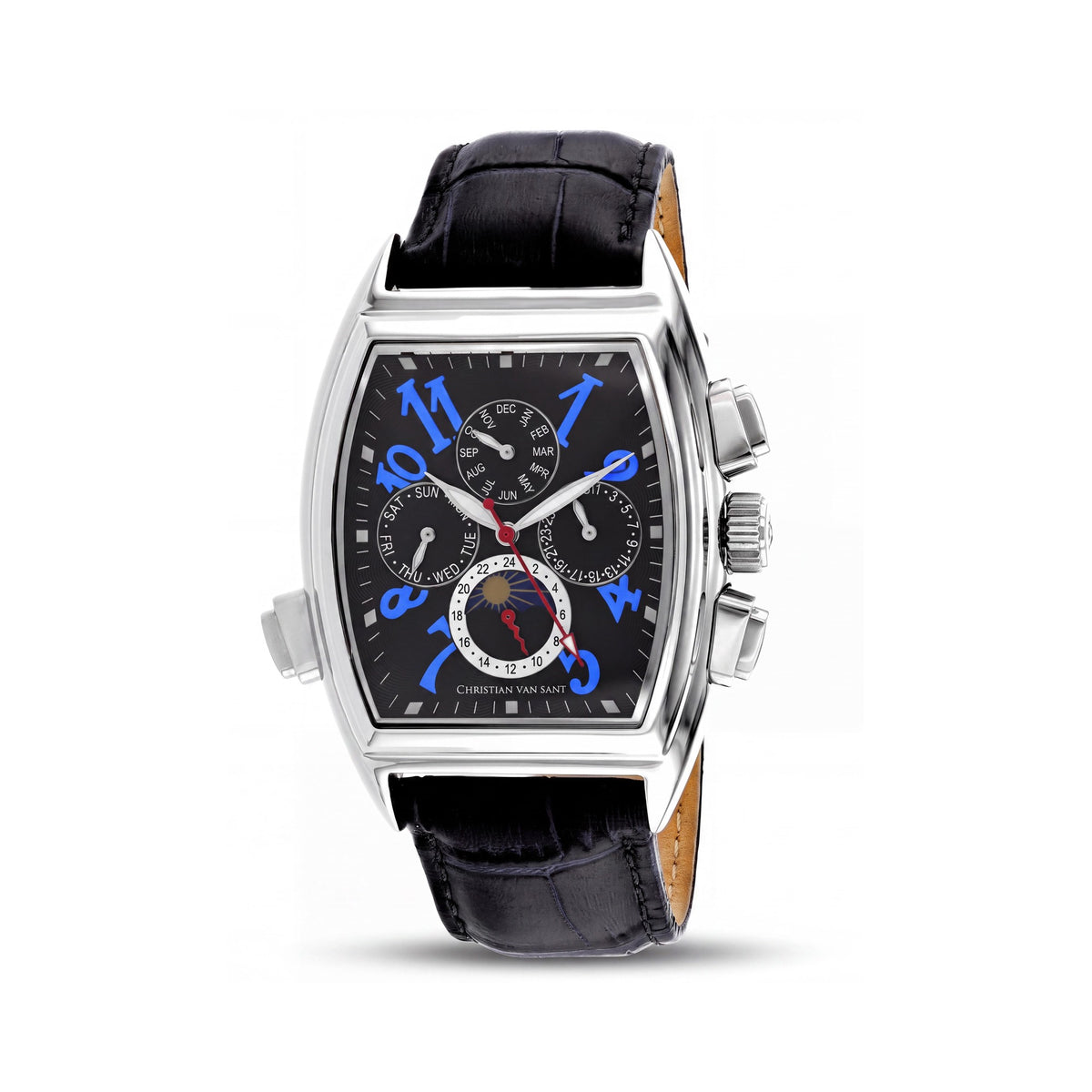 Reloj Christian Van Sant Grandeur para hombre, automático, esfera negra, acero inoxidable y cuero, resistente al agua, 45 mm, Photo 1