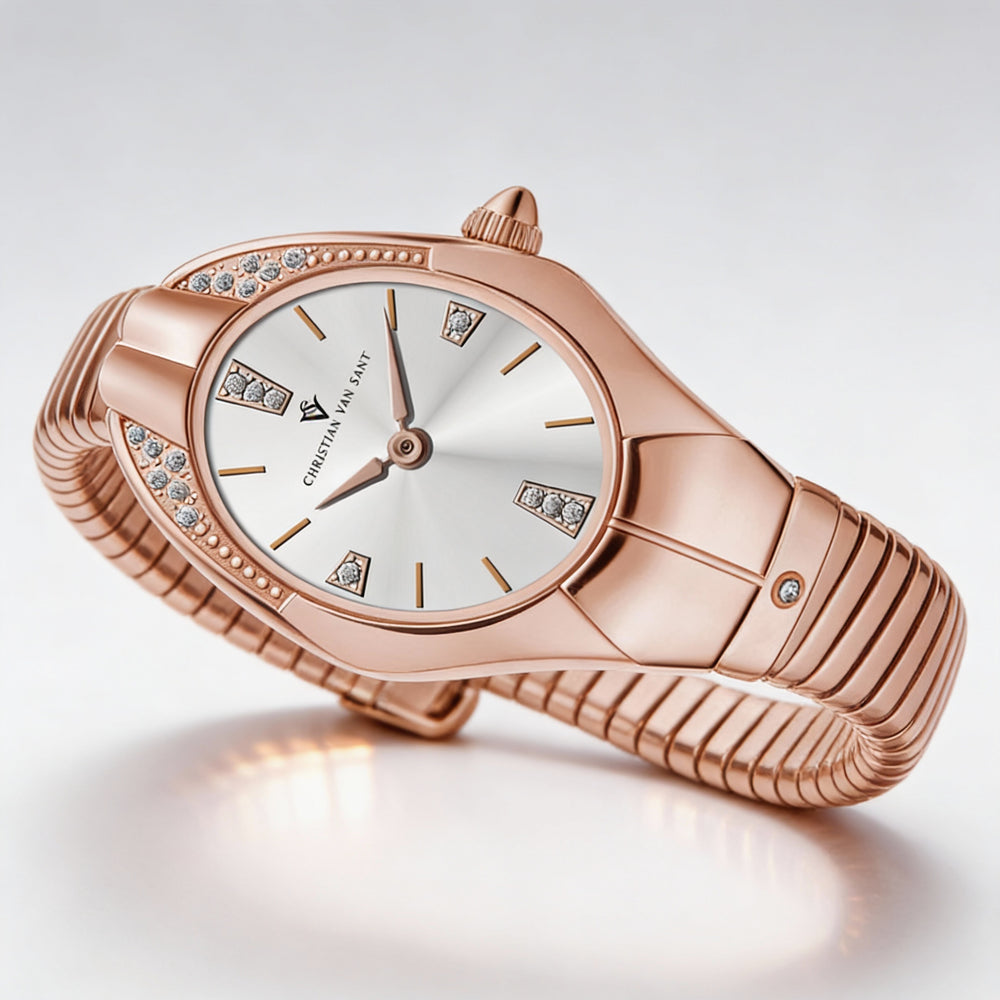 Reloj Christian Van Sant para mujer, con esfera plateada, caja y pulsera de acero inoxidable, movimiento de cuarzo y cristal mineral.