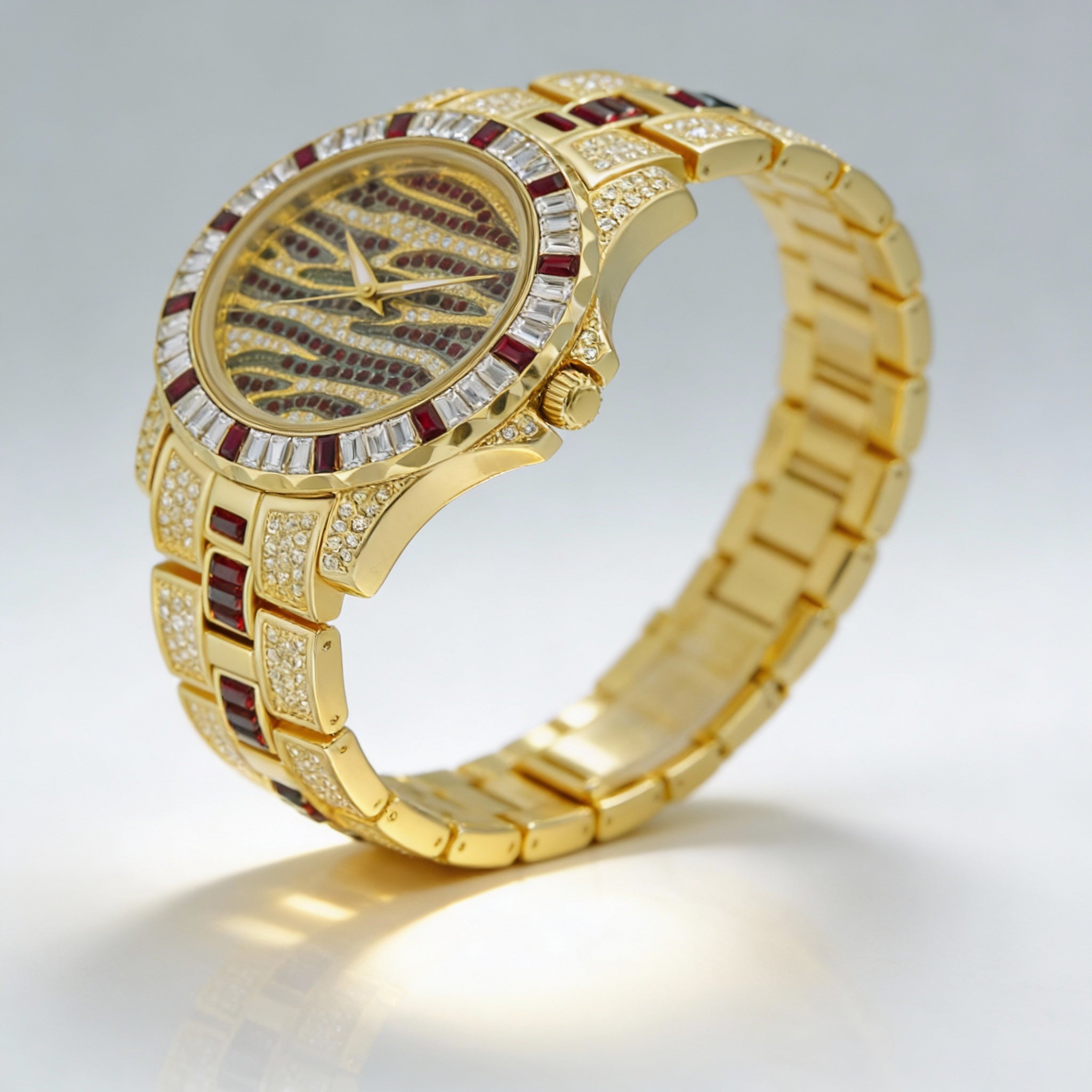 Adee Kaye Unisex Gold Tone Gold Rhodium Plated Bracelet Watch with Red Austrian Crystal, Mineral Crystal, Water Resistant