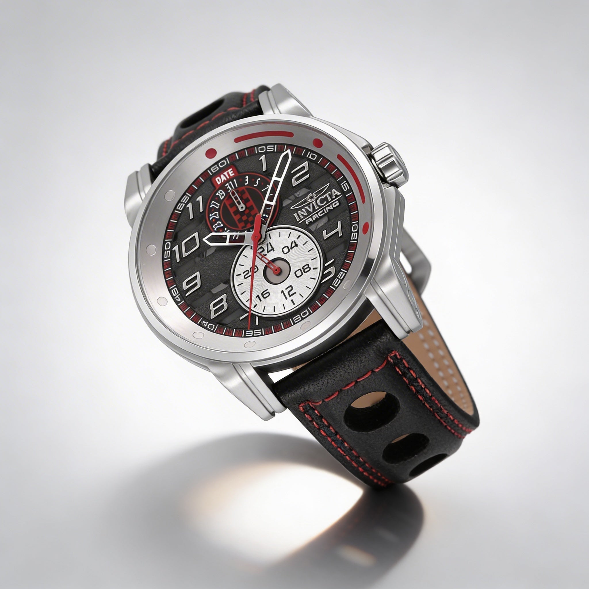 Reloj Invicta Racing 47533 para hombre, de acero inoxidable, piel, resistente al agua, esfera negra, plateada y roja, 46 mm, Photo 2