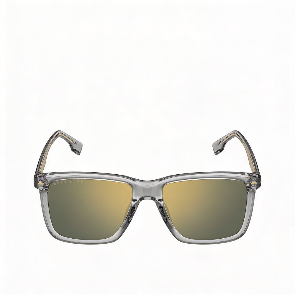Gafas de sol Hugo Boss Classic para hombre, cuadradas, de acetato gris transparente con montura completa y lentes de espejo verde dorado de 55 mm