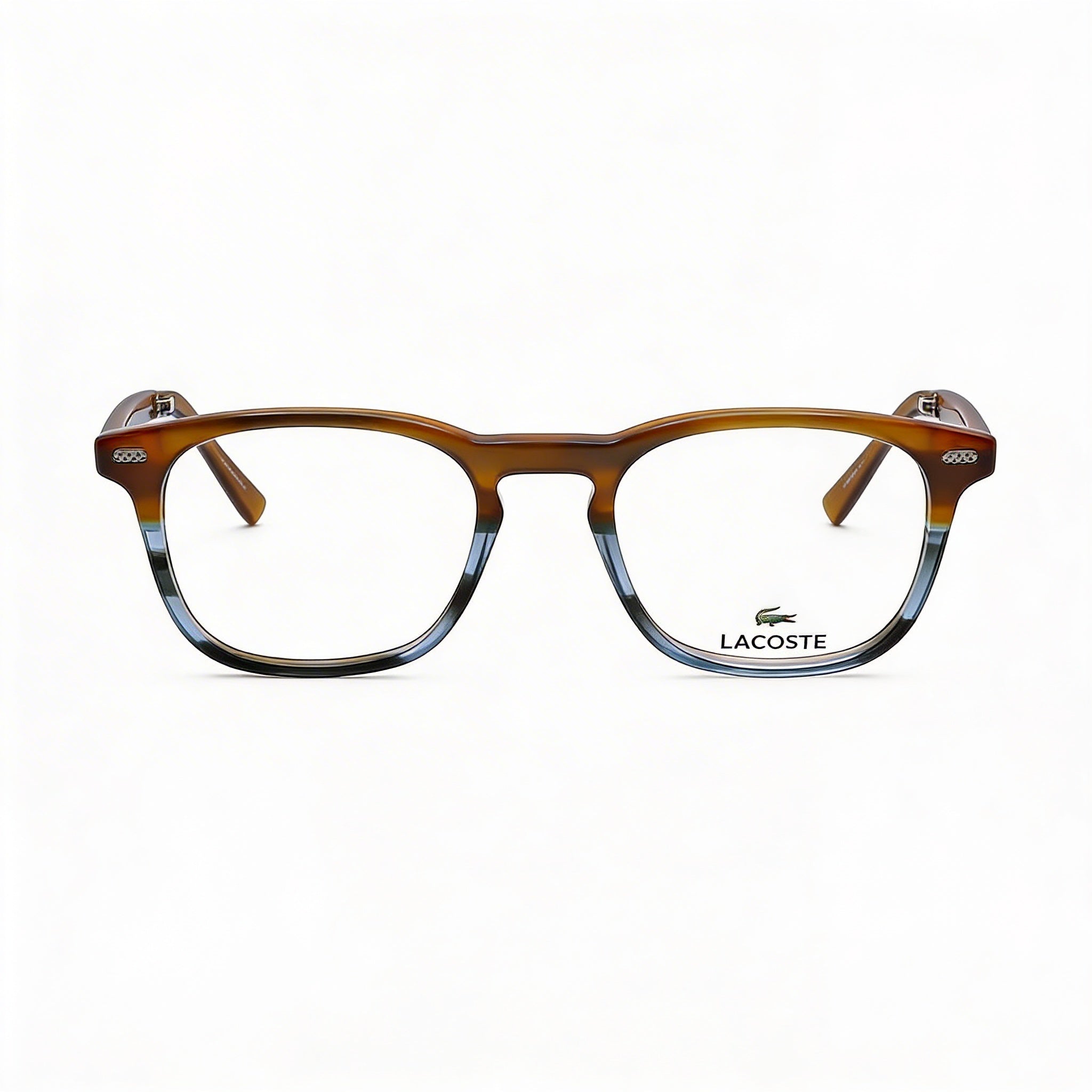 Gafas Lacoste cuadradas unisex de metal con montura completa y lentes de policarbonato, a rayas marrón/azul 50 mm, Photo 2
