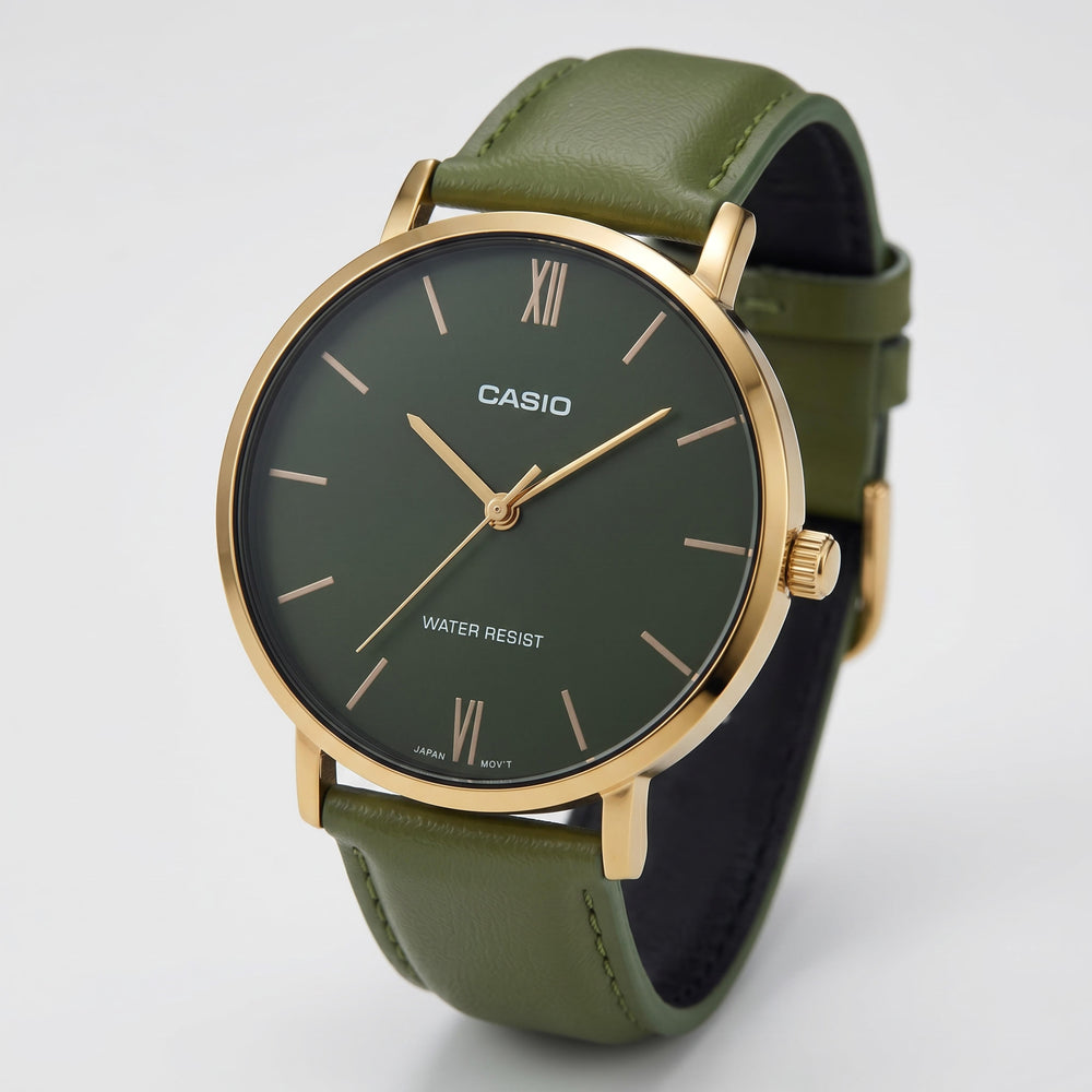Casio Men’s Analog Watch with Quartz Movement, Green Genuine Leather Band, Stainless Steel Case, 40mm