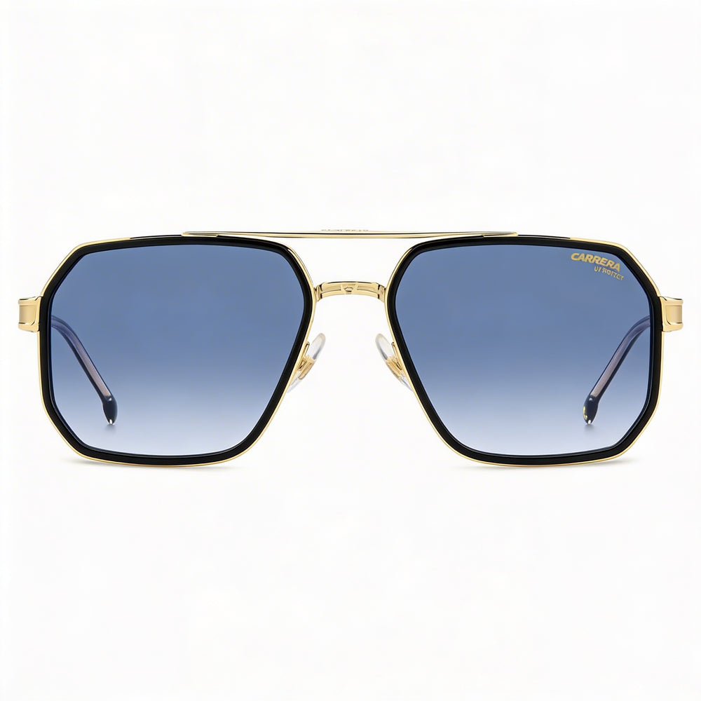 Carrera Lässig. Men's Metal Sunglasses featuring Black Gold Frame with Dark Blue Shaded Lenses, 58mm