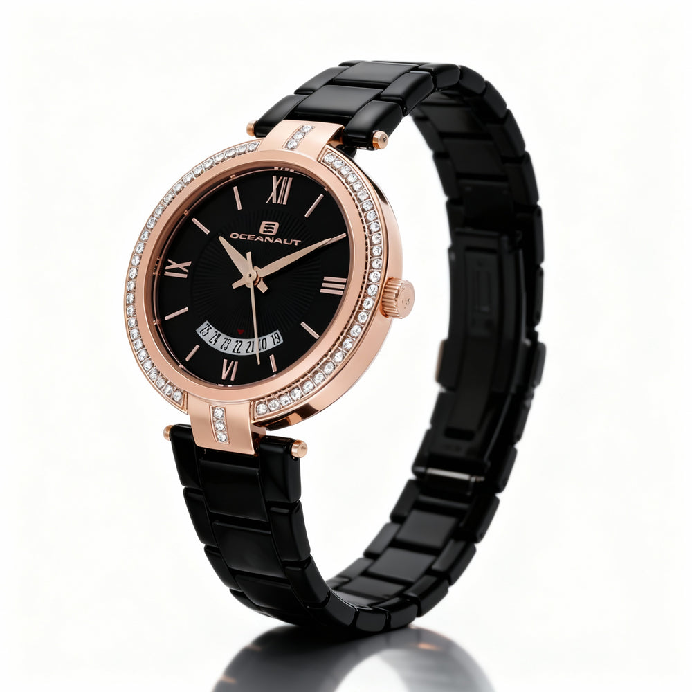 Reloj de cuarzo Oceanaut para mujer, pulsera de acero inoxidable negra, esfera negra, resistente al agua hasta 200 m, cristal mineral.