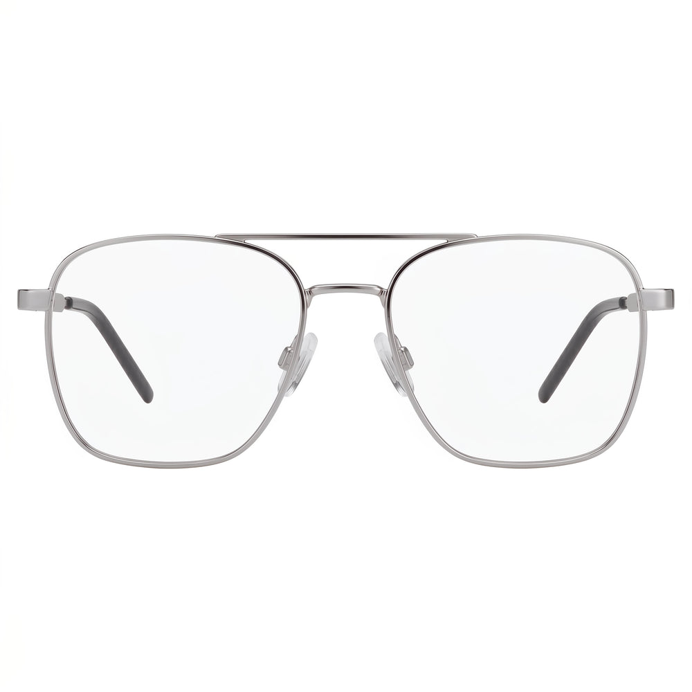 HUGO Square Double Bridge Men's Stainless Steel Ruthenium Eyeglasses Clear Demo Lenses 55-19-145
