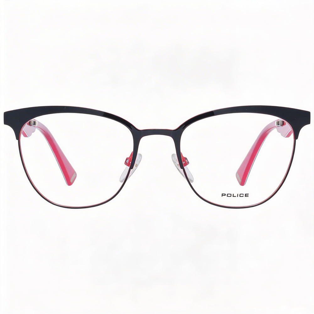 POLICE Modern Women’s Acetate and Metal Eyewear, Shiny Black, Clear Lens, 51mm