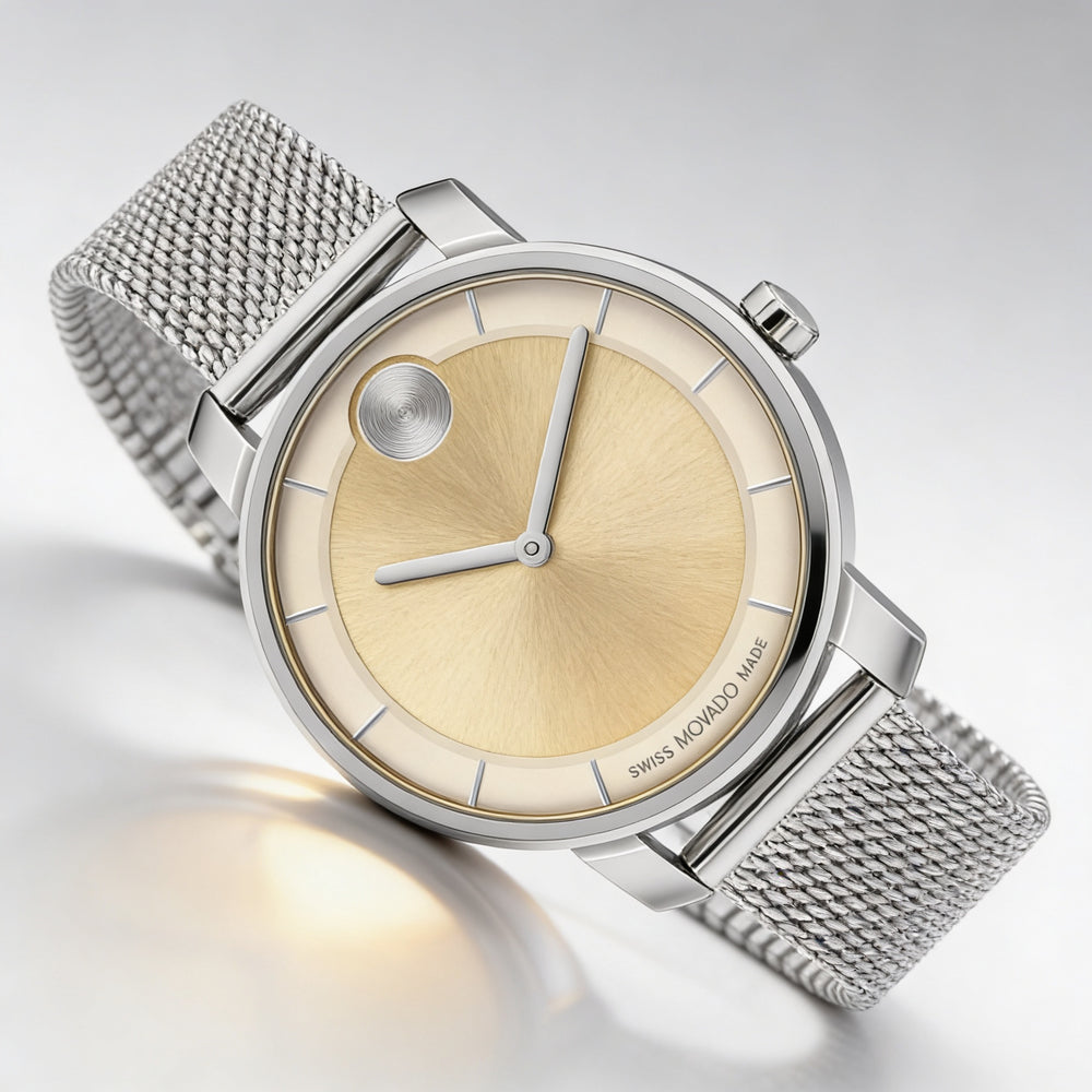 Reloj Movado Bold Access para mujer con pulsera de malla de acero inoxidable plateada, esfera dorada y segundero.