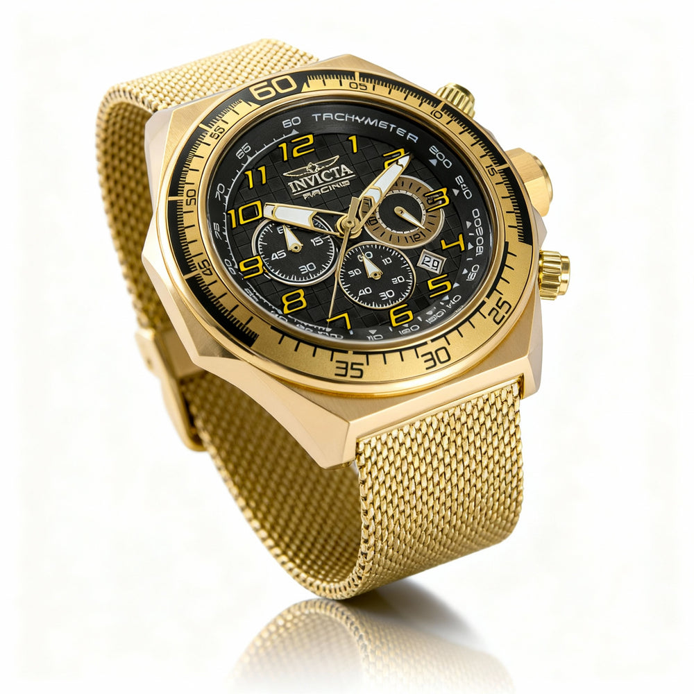 Reloj unisex Invicta Racing 47903 de cuarzo con cronógrafo en tono dorado y esfera negra con pulsera de acero inoxidable de 50 mm.