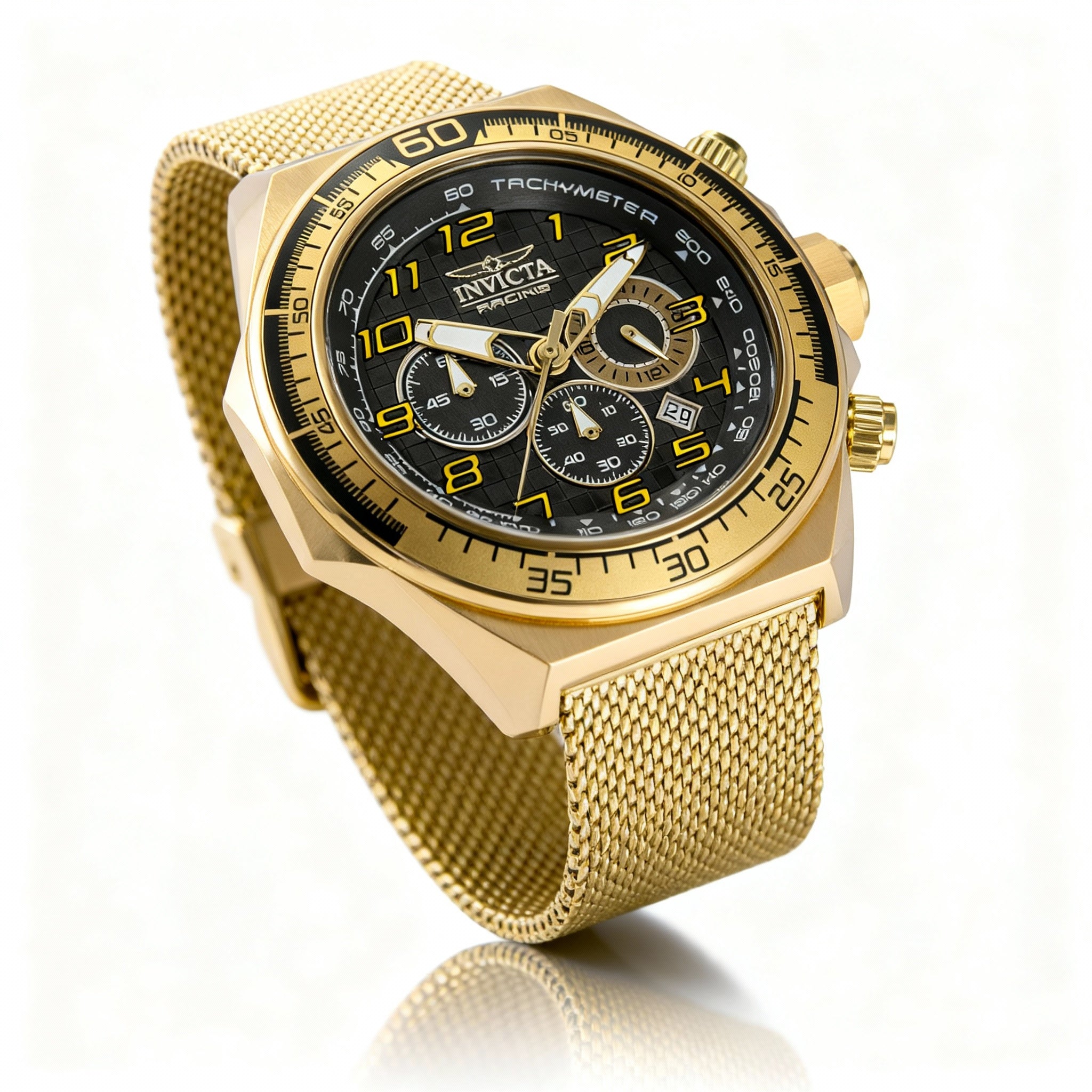 Invicta Racing 47903 Gold-Tone Chronograph Quartz Black Dial Stainless Steel Bracelet Unisex Watch 50mm