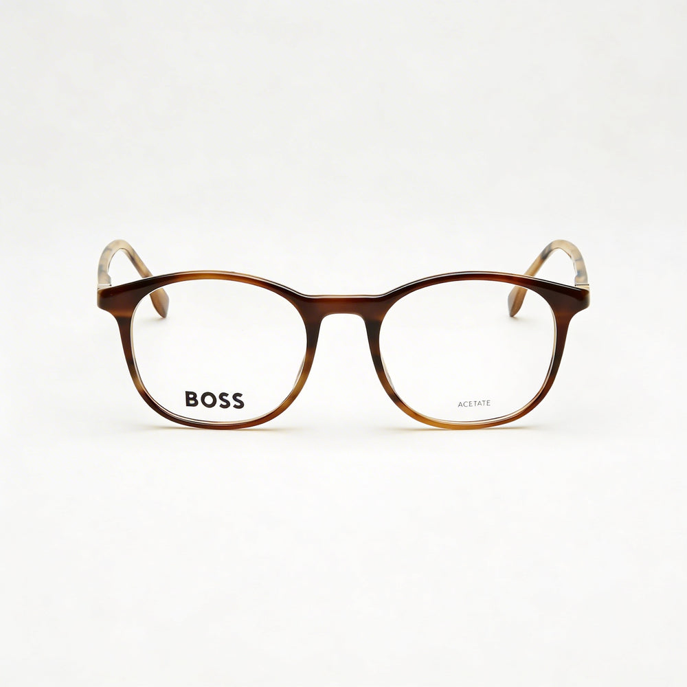 BOSS Boss 1437 Unisex Golden Brown Horn Premium Cellulose Acetate Optical Eyeglasses, Clear Demo Lenses, Prescription Ready 53mm